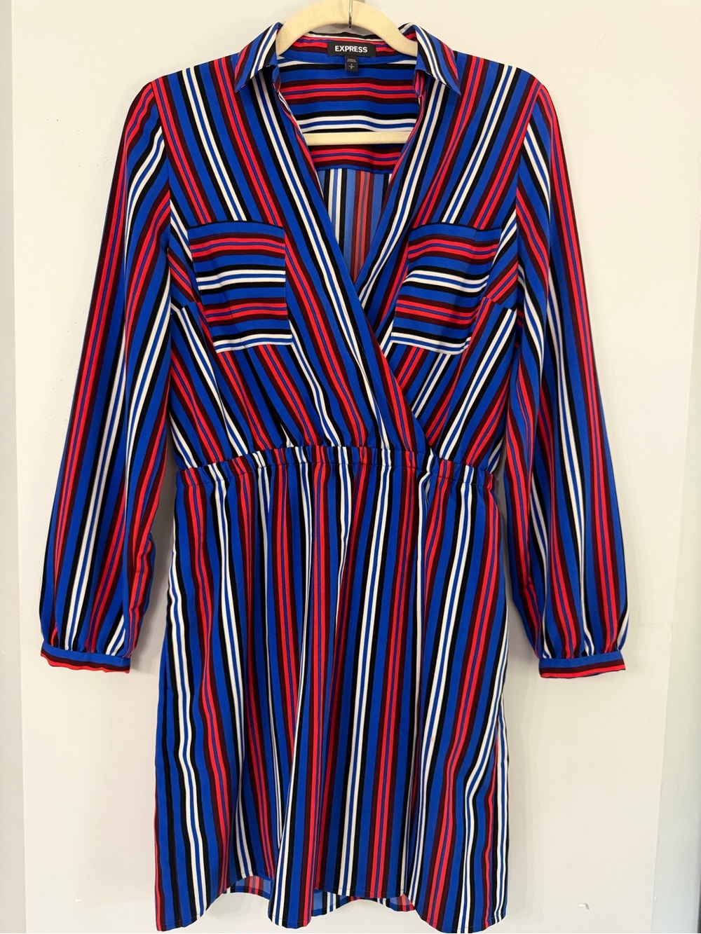 Express Womens Small Blue Red Multicolor Stripe Collared Knee Length Shirt Dress